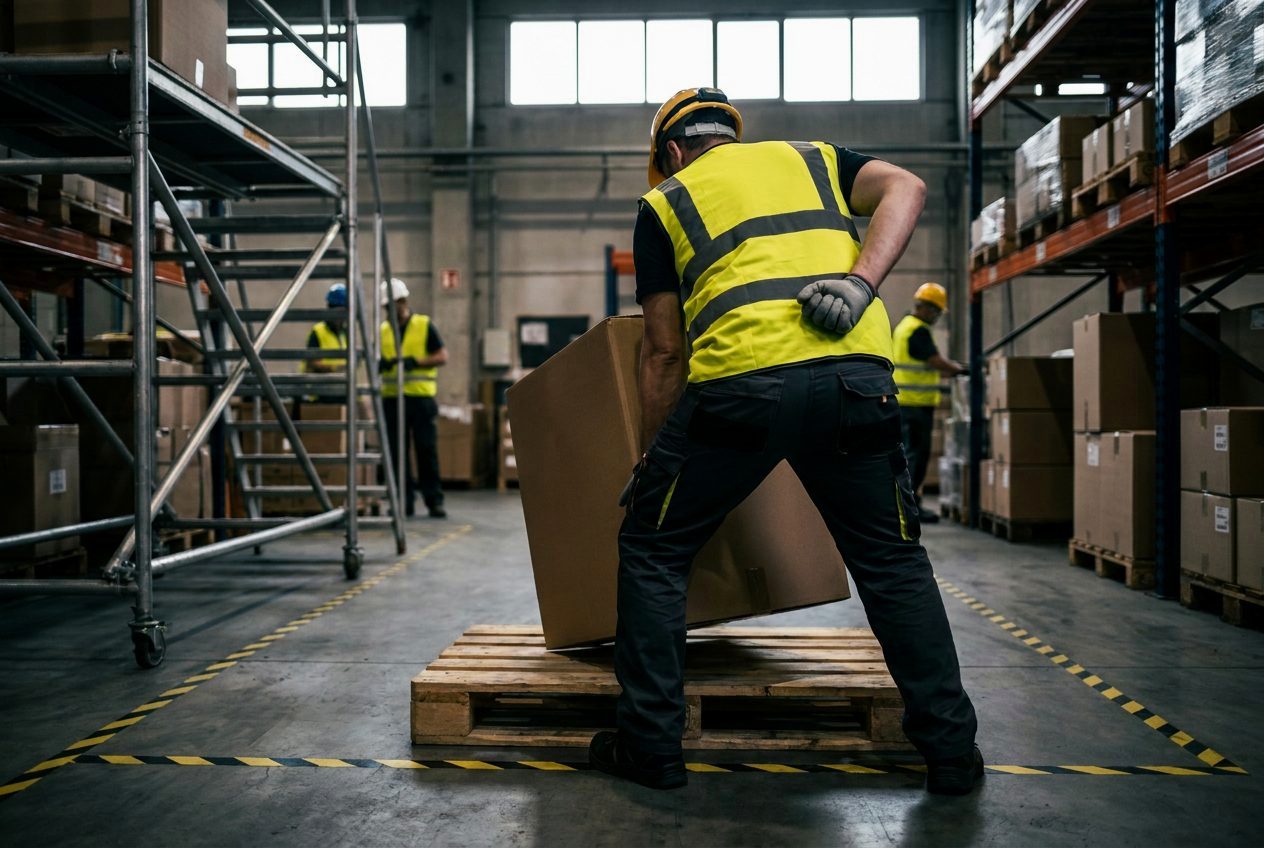 Worker seen from behind lifting a heavy box with one hand on his lower back