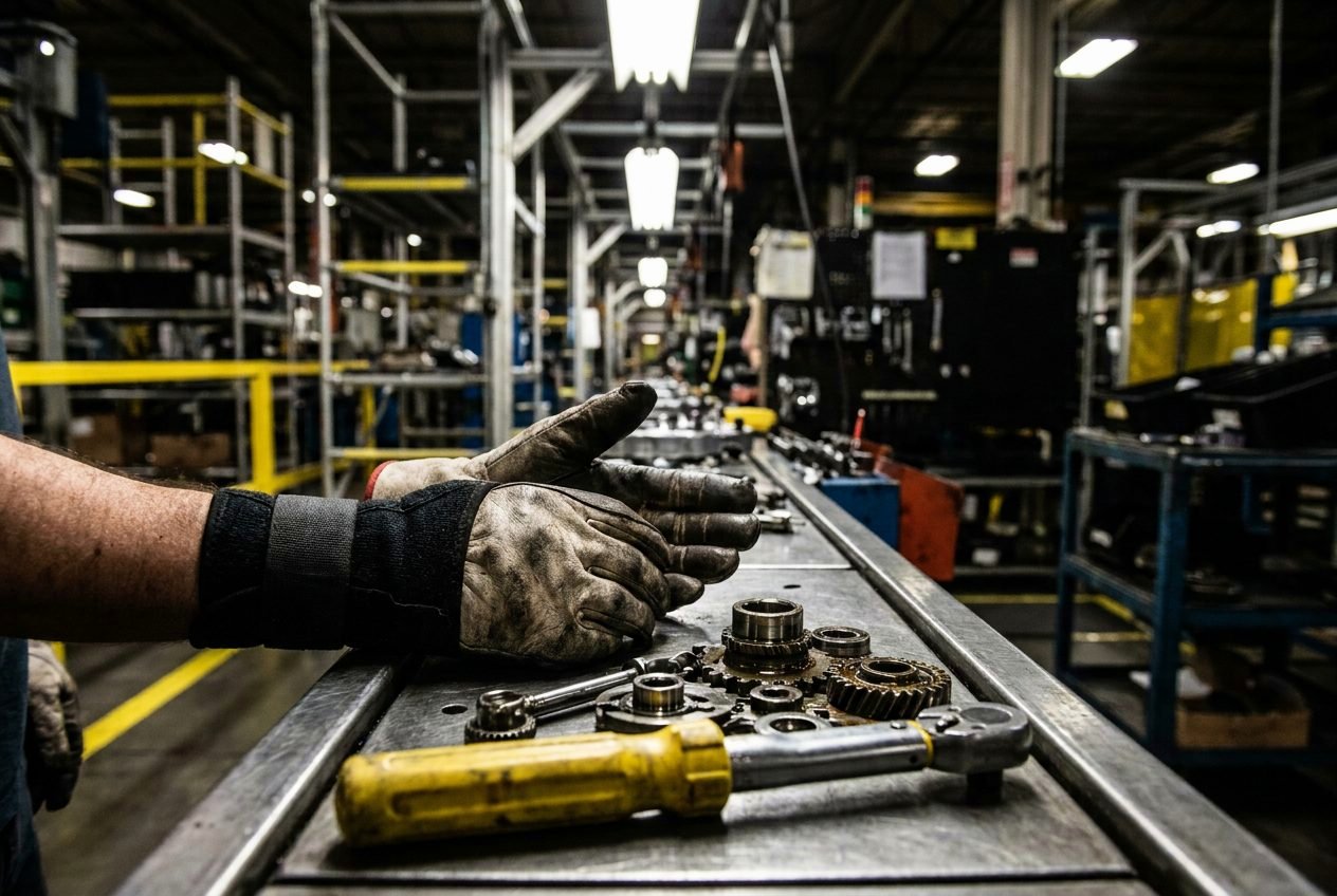 Gloved hands on an assembly line workbench, one wrist wrapped in a brace