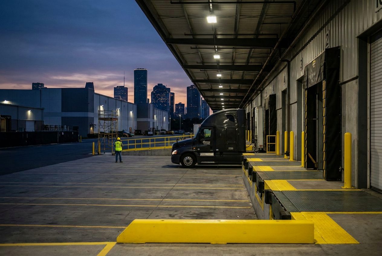 Chicago distribution center loading dock at dusk with a distant worker in a hi-vis vest
