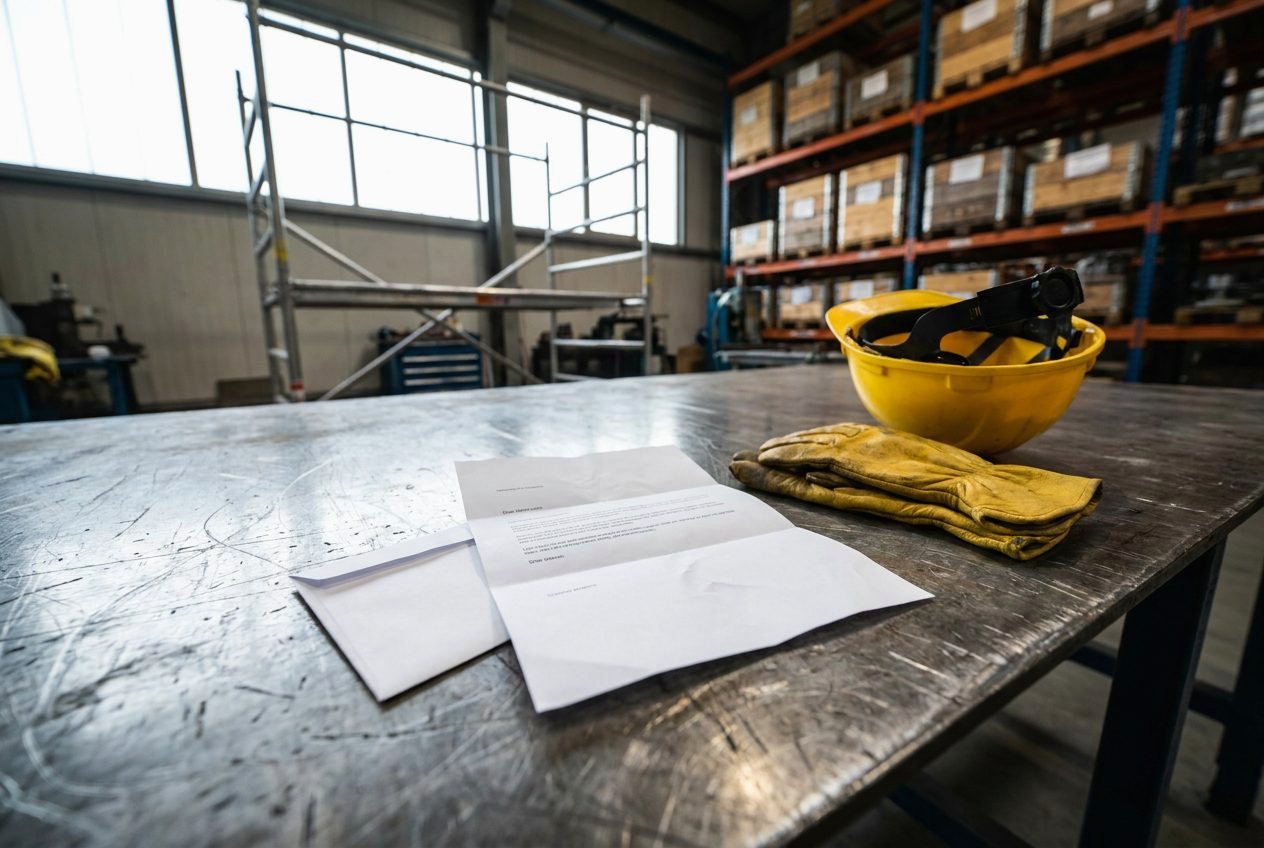 Blank letter and envelope on a steel workbench beside yellow work gloves and a hard hat