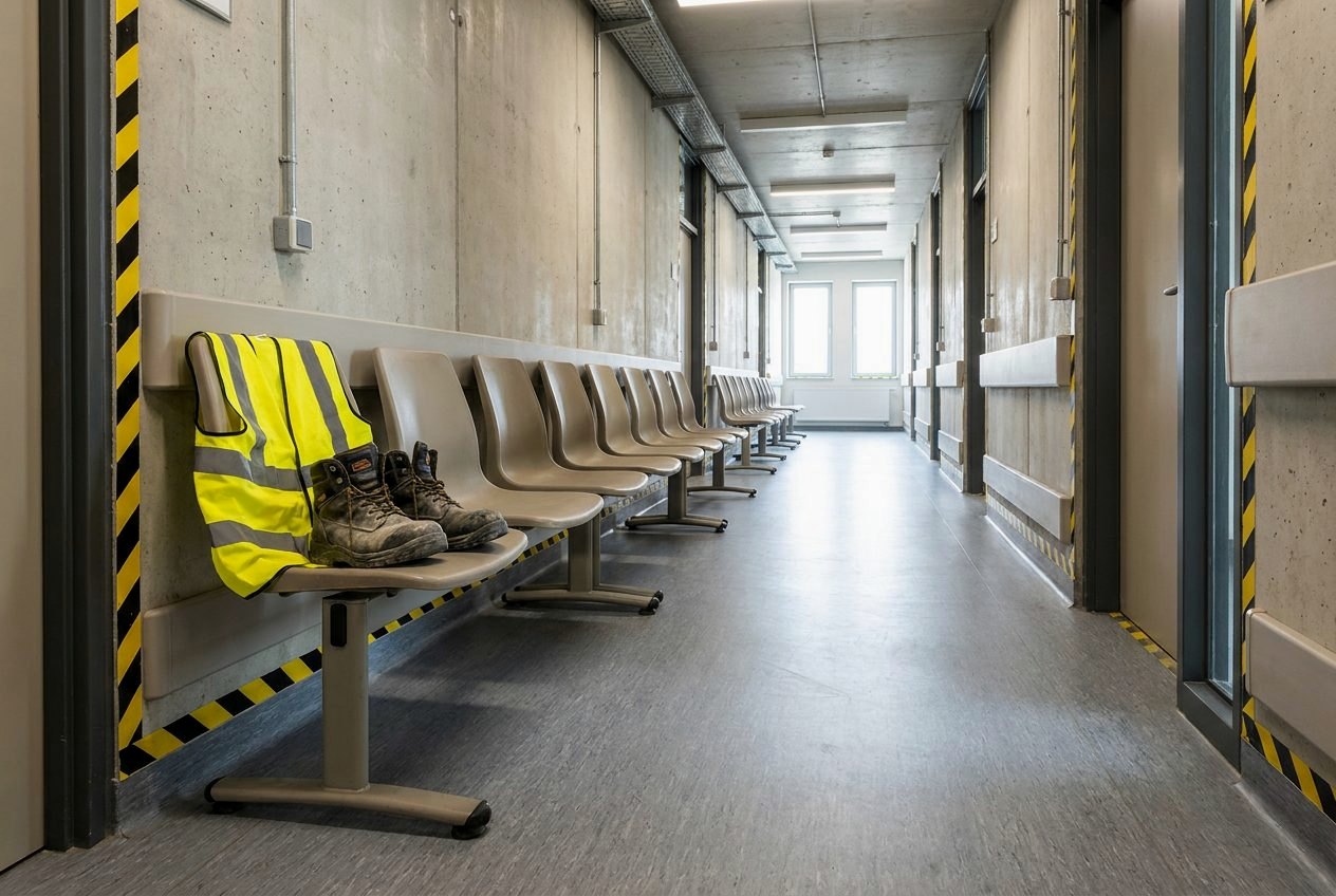 Work boots and a hi-vis vest on a chair in an empty clinic hallway