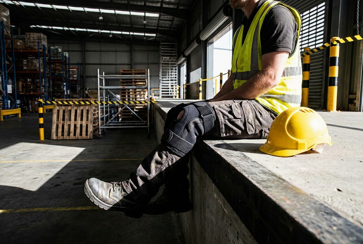 Injured worker in a knee brace sitting on a loading dock edge, hard hat beside him