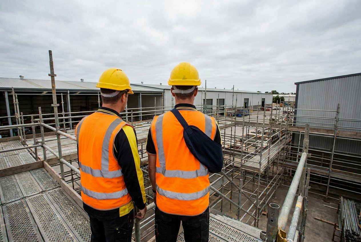 Construction worker on a scaffold, seen from behind, with one arm in a sling