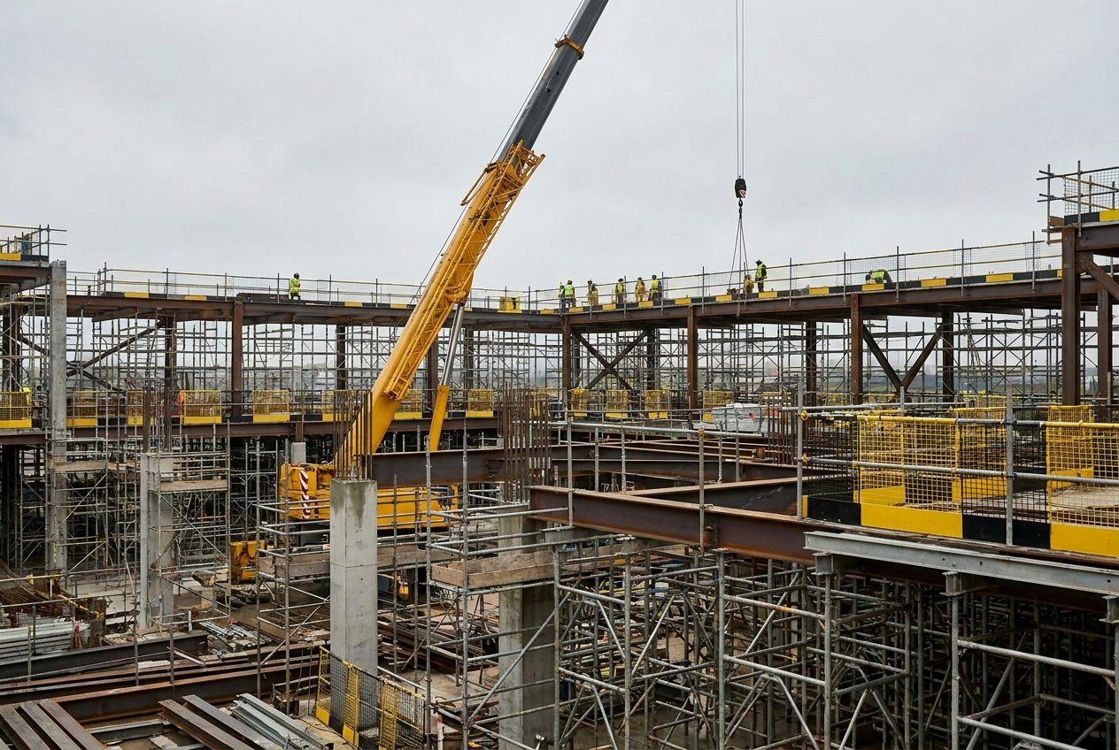 Steel-frame construction site with scaffolding and distant workers in hi-vis vests