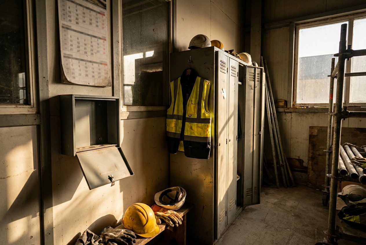 Wall calendar and empty open mailbox in a break room, hi-vis vest on a hook