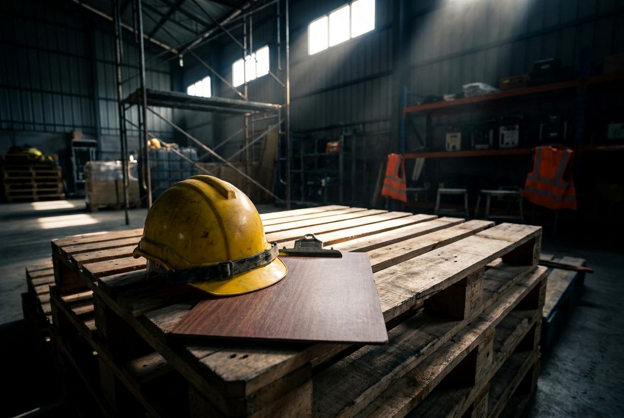 Yellow hard hat resting on a blank clipboard atop stacked pallets in a quiet warehouse