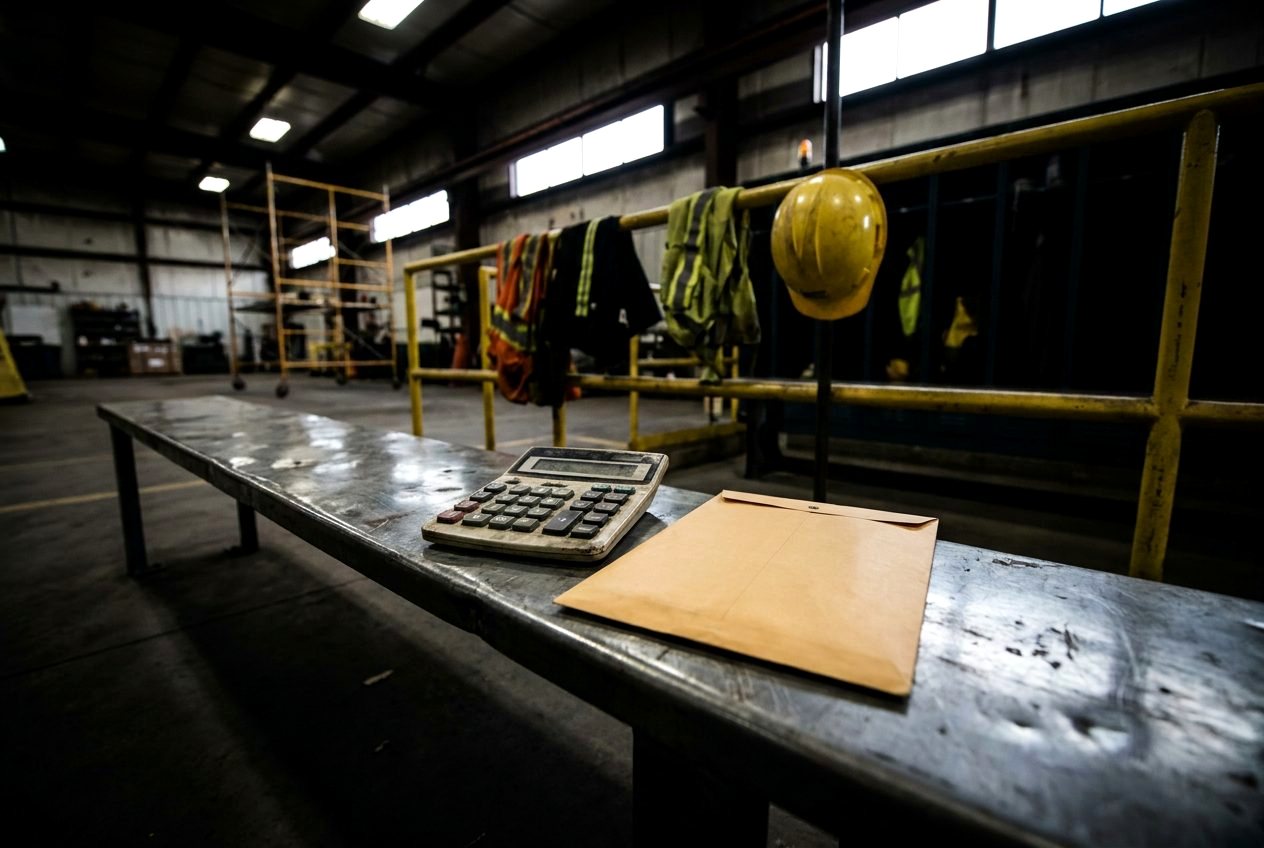 Desk calculator and blank pay envelope on a locker-room bench with a hard hat behind