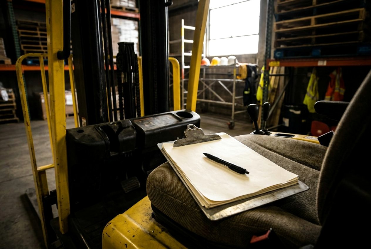 Yellow hard hat resting on a blank clipboard atop stacked pallets in a quiet warehouse